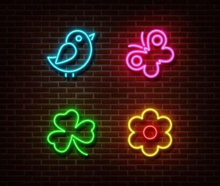 Neon bird, butterfly, shamrock, flower signs vector isolated on brick wall. Nature light symbols, decoration effect. Neon illustration.のイラスト素材