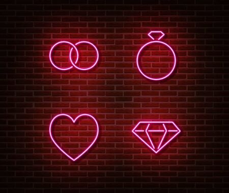 Neon wedding signs vector isolated on brick wall. Wedding rings, diamond, heart light symbol, decoration effect. Neon love illustration.のイラスト素材