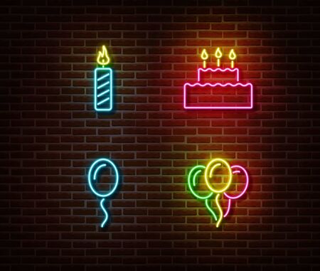 Neon celebration birthday signs vector isolated on brick wall. Candle, cake, air baloon light symbol, decoration effect. Neon happy holiday illustration.のイラスト素材