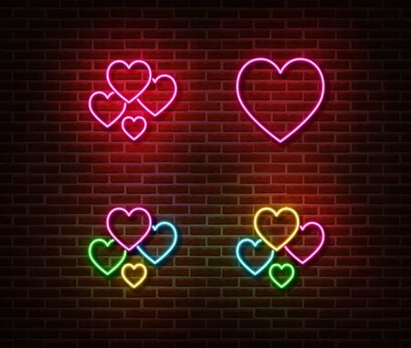Neon heart signs vector isolated on brick wall. Love light symbol, decoration effect. Neon romantic illustration.のイラスト素材