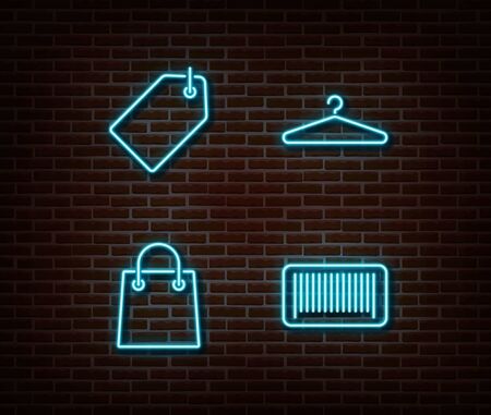 Neon fashion shopping signs vector isolated on brick wall. Discount card, hanging clothes, shopping bag, barcode light symbol, decoration effect. Neon illustration.のイラスト素材