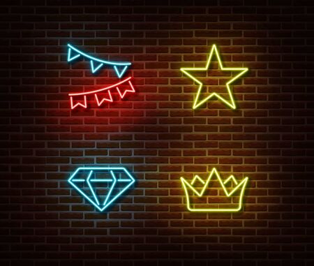 Neon celebration signs vector isolated on brick wall. Holiday flags, star, crown, diamond light symbol, decoration effect. Neon illustration.のイラスト素材