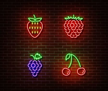 Neon vegetables berrys signs vector isolated on brick wall. Strawberry, raspberry, cherry, grape light symbol, decoration effect. Neon nature fruits illustration.のイラスト素材