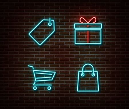 Neon shopping signs vector isolated on brick wall. Discount card,cart, gift, shop bag light symbol, decoration effect. Neon store illustration.のイラスト素材