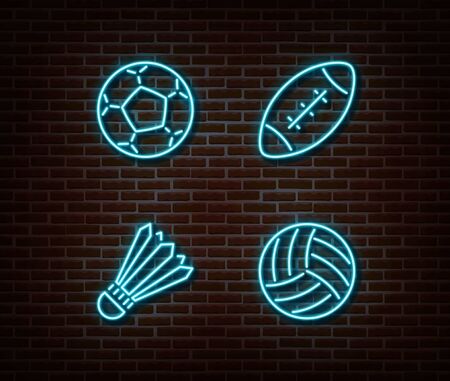 Neon rugby, soccer, badminton, volleyball balls sign vector isolated on brick wall. Sport balls light symbol, football decoration effect. Neon balls illustration.のイラスト素材