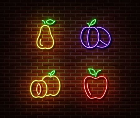 Neon vegetables fruits signs vector isolated on brick wall. Pear, ripe plums, apple, apricot light symbol, decoration effect. Neon nature fruits illustration.のイラスト素材