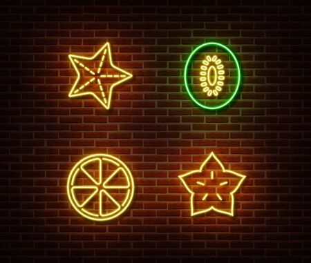 Neon vegetables fruits signs vector isolated on brick wall. Star, kiwi, lemon light symbol, decoration effect. Neon nature fruits illustration.のイラスト素材