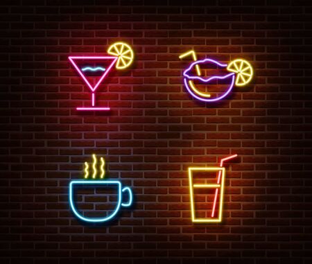 Neon alcohol drinks signs vector isolated on brick wall. Coctail light symbol, decoration effect. Neon drinks illustration.のイラスト素材