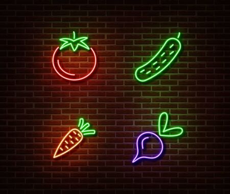 Neon vegetables signs vector isolated on brick wall. Tomato, cucumber, carrot, beetroot light symbol, decoration effect. Neon nature fruits illustration.のイラスト素材