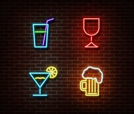 Neon alcohol drinks signs vector isolated on brick wall. Coctail light symbol, decoration effect. Neon drinks illustration.のイラスト素材