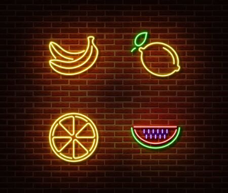 Neon vegetable signs vector isolated on brick wall. Banana, lemon, orange, watermelon light symbol, decoration effect. Neon nature fruits illustration.のイラスト素材