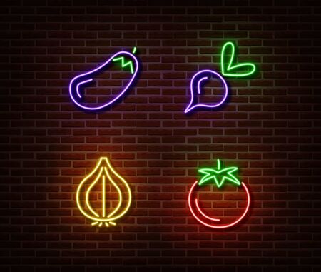Neon vegetables signs vector isolated on brick wall. Eggplant, beetroot, onion, tomato light symbol, decoration effect. Neon nature fruits illustration.のイラスト素材
