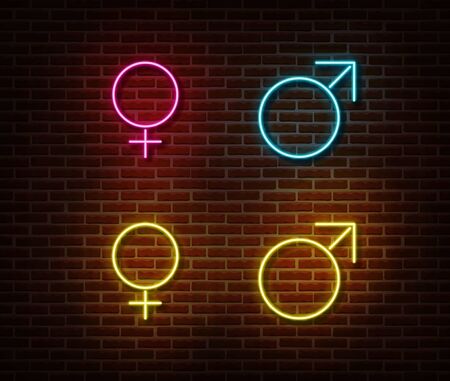 Neon gender symbols signs vector isolated on brick wall. Male and female sign light symbol, decoration effect. Neon illustration.のイラスト素材