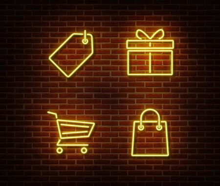 Neon shopping signs vector isolated on brick wall. Discount card,cart, gift, shop bag light symbol, decoration effect. Neon store illustration.のイラスト素材