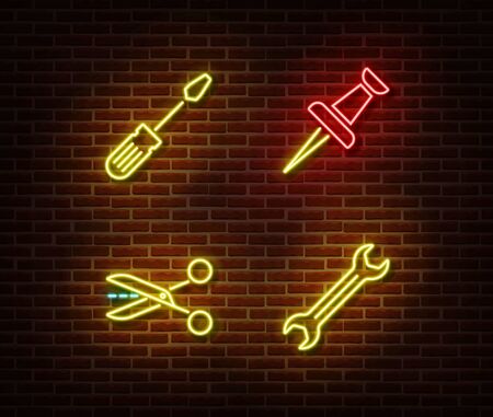 Neon screwdriver, pin, scissors, wrench signs vector isolated on brick wall. Neon work tools light symbol. Vector illustration.のイラスト素材
