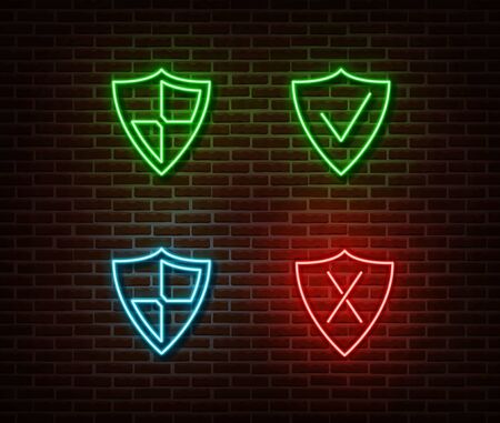 Neon safety shield signs vector isolated on brick wall. Neon security light symbol. Vector illustration.のイラスト素材