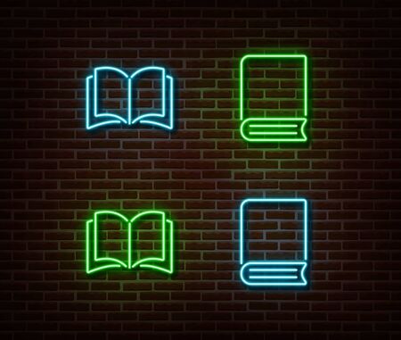 Neon books signs vector isolated on brick wall. Neon open book light symbol. Vector illustration..のイラスト素材