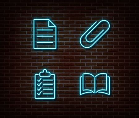 Neon file, checklist, book, note, clip signs vector isolated on brick wall. Neon studying light symbol. Vector illustration.のイラスト素材