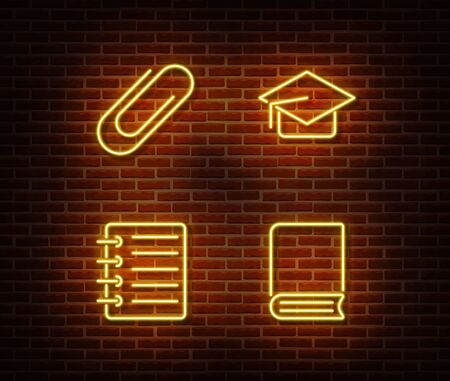 Neon checklist, book, note, clip, graduate cap signs vector isolated on brick wall. Neon studying light symbol. Vector illustration.のイラスト素材