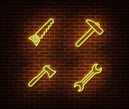 Neon hammer, wrench, axe, hand saw signs vector isolated on brick wall. Neon work tools light symbol. Vector illustration.のイラスト素材