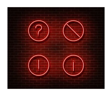 Neon forbidden signs vector isolated on brick wall. Road ban light symbol, decoration effect. Neon illustration.のイラスト素材