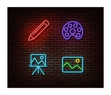 Neon pencil, paint, picture, easel signs vector isolated on brick wall. Art light symbol, decoration effect. Neon illustration.のイラスト素材