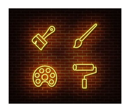 Neon artist signs vector isolated on brick wall. Paint light symbol, decoration effect. Neon illustration.のイラスト素材