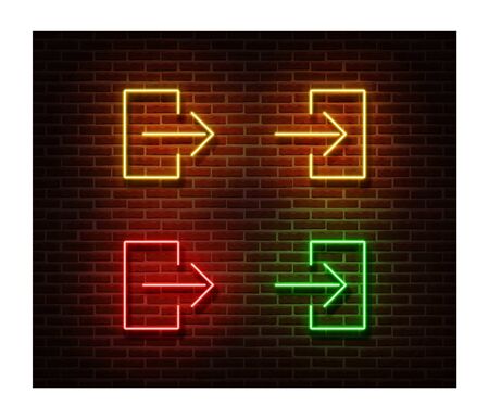 Neon entrance, exit signs vector isolated on brick wall. Direction door light symbol, decoration effect. Neon illustration.のイラスト素材
