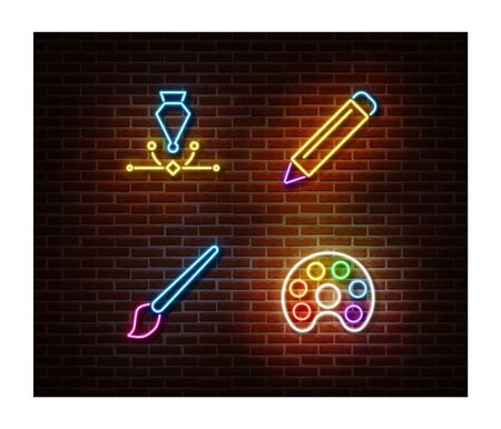 Neon pencil, paint tool, pen, brush signs vector isolated on brick wall. Drawing light symbol, decoration effect. Neon illustration.のイラスト素材