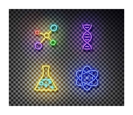 Neon molecule, chemistry flask, dna, atom signs vector isolated on on transparent background. Chemistry light symbol, decoration effect. Neon illustration.のイラスト素材