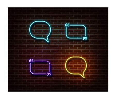 Neon message, chat, quote signs vector isolated on brick wall. Texting light symbol, decoration effect. Neon chat illustration.のイラスト素材