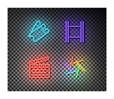 Neon ticket, movie tape, clip, camera shutter signs vector isolated on on transparent background. Cinema light symbol, decoration effect. Neon illustration.のイラスト素材