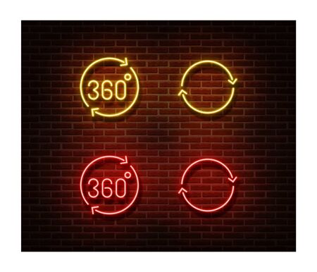 Neon rotate signs vector isolated on brick wall. 3d vision light symbol, decoration effect. Neon illustration.のイラスト素材