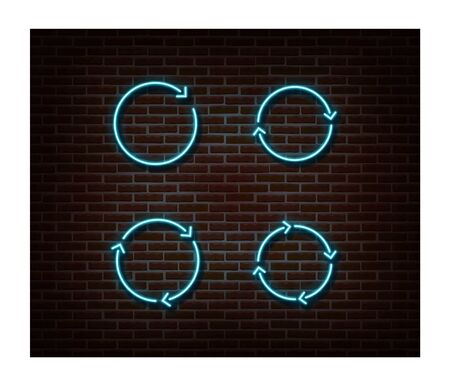 Neon upload, reload signs vector isolated on brick wall. Load light symbol, decoration effect. Neon update illustration.のイラスト素材