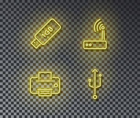 Neon computer device signs vector isolated on brick wall. Flash memory, wifi router, printer, connect light symbol, decoration effect. Neon devices illustration.のイラスト素材