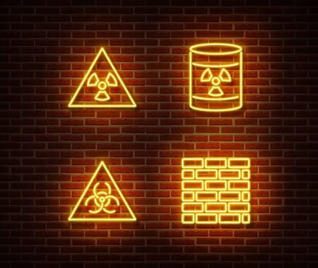 Neon dangerous signs vector isolated on brick wall. Radiation, atom, hazard light symbol, radiactive decoration effect. Neon dangerous illustration.のイラスト素材