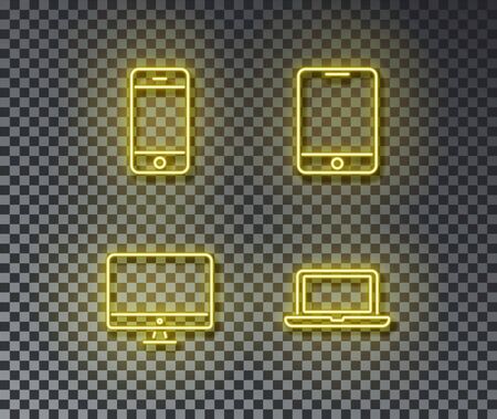 Neon device signs vector isolated on brick wall. Phone, smartphone, pk, laptoplight symbol, decoration effect. Neon computer illustration.のイラスト素材