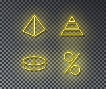 Neon finance pyramid signs vector isolated on brick wall. Pyramid, diagram, percent light symbol, decoration effect. Neon finance illustration.のイラスト素材