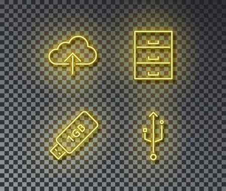 Neon storage data signs vector isolated on brick wall. Cloud data, storage, device, connect light symbol, decoration effect. Neon storage illustration.のイラスト素材