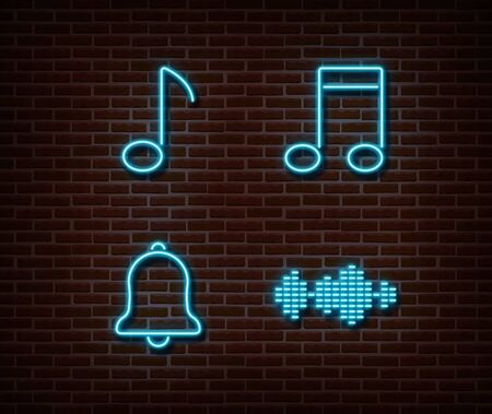 Neon music signs vector isolated on brick wall. Musik key, note, ring, equalizer light symbol, decoration effect. Neon music illustration.のイラスト素材
