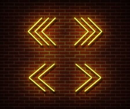 Neon navigation signs vector isolated on brick wall. Next, previous light symbol, decoration effect. Neon navigation player illustration.のイラスト素材