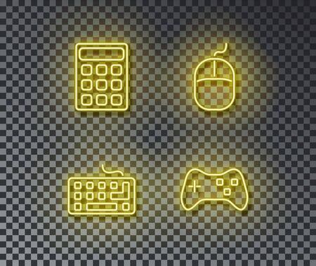 Neon device signs vector isolated on brick wall. Math calculator, keyboard, gamepad, mouse light symbol, decoration effect. Neon device illustration.のイラスト素材