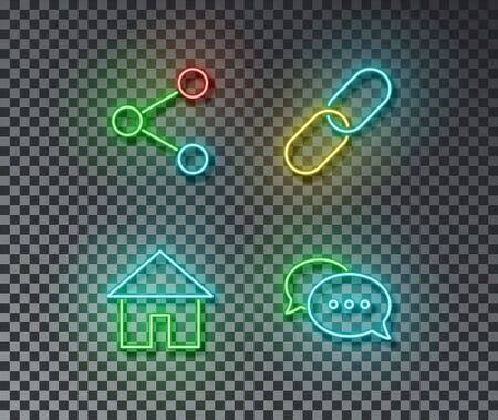 Neon social internet signs vector isolated on brick wall. Share, link, home, chat light symbol, decoration effect. Neon social illustration.のイラスト素材