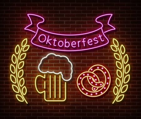 Neon Oktoberfest signs vector isolated on brick wall. Germany holiday light symbol, festival decoration effect. Neon oktoberfest illustrationのイラスト素材
