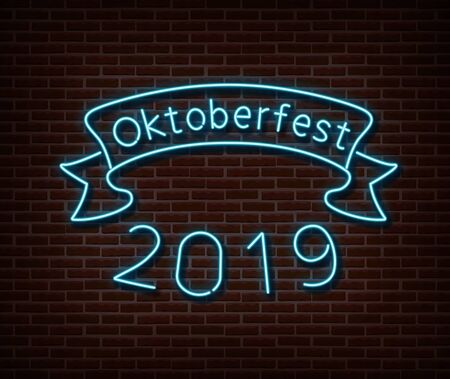 Neon Oktoberfest signs vector isolated on brick wall.のイラスト素材