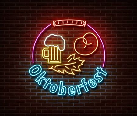 Neon Oktoberfest signs vector isolated on brick wall. Germany holiday light symbol, festival decoration effect. Neon oktoberfest illustrationのイラスト素材