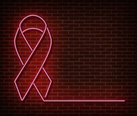 Neon breast cancer awareness signs vector isolated on brick wall. Pink ribbon light symbol, led effect. Neon illustrationのイラスト素材
