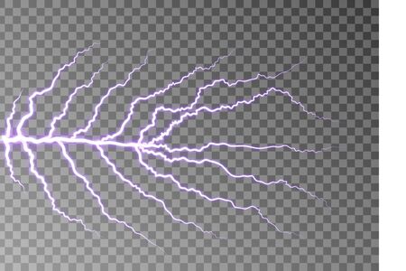 Lightning bolt isolated on dark checkered background. Transparent thunderbolt effect. Realistic lightning decoration pattern. Electric light on sky texture design. Vector illustrationのイラスト素材
