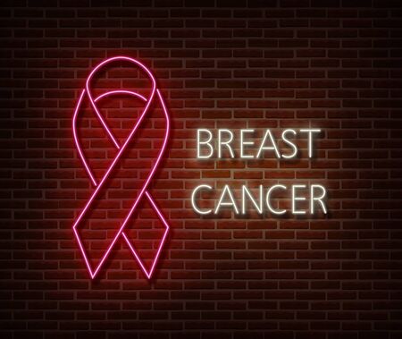 Neon breast cancer awareness signs vector isolated on brick wall. Pink ribbon light symbol, led effect. Neon illustrationのイラスト素材