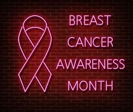 Neon breast cancer awareness signs vector isolated on brick wall. Pink ribbon light symbol, led effect. Neon illustrationのイラスト素材